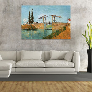 Tableau Van Gogh Le Pont Langlois. Bonne qualité, original, accrochée sur un mur au dessus d'un canapé dans un salon