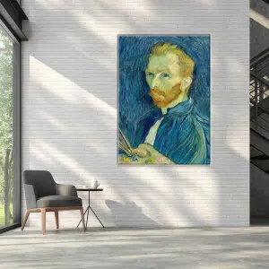 Tableau Van Gogh Autoportrait avec Palette. Bonne qualité, original, accrochée sur un mur au dessus d'un canapé dans un salon