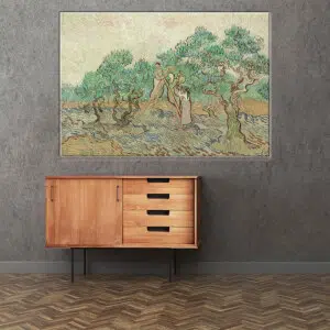 Tableau Van Gogh Champ d'Oliviers. Bonne qualité, original, accrochée sur un mur au dessus d'une table dans un salon