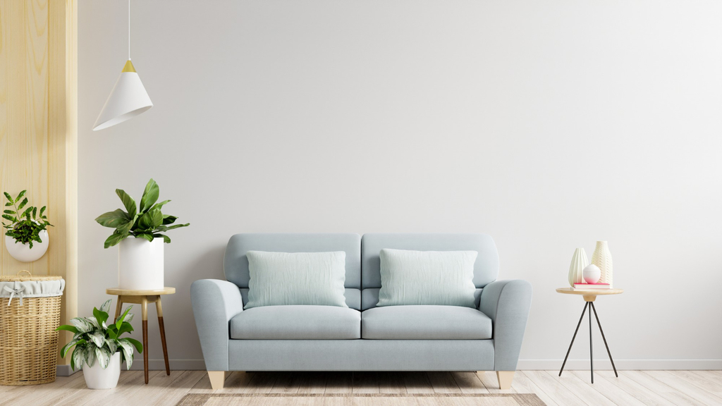 salon avec un sofa bleu, d3 plantes vertes dans des pots blancs et une table d'appoint devant un mur blanc