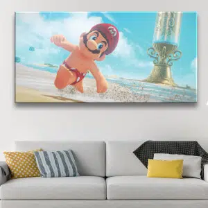 Tableau Super Mario a la plage. Bonne qualité, original, accrochée sur un mur au dessus d'un canapé dans un salon