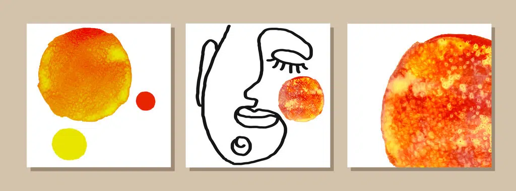 tableau triptyque avec des ronds orange et un visage au milieu