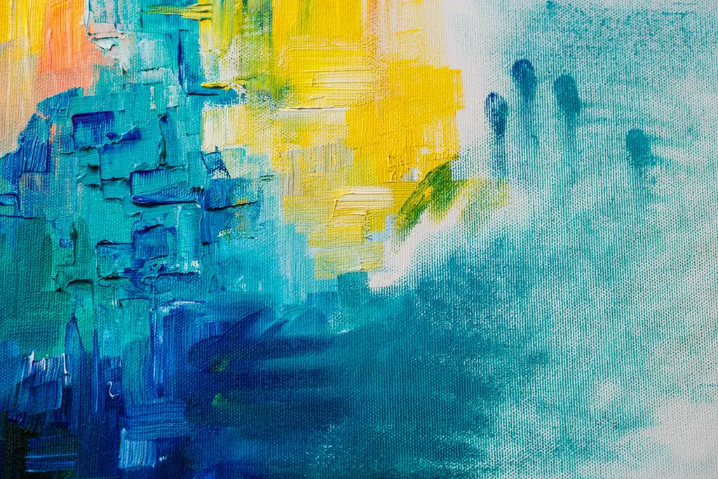 peinture abstraire dans les couleurs bleu, turquoise et jaune