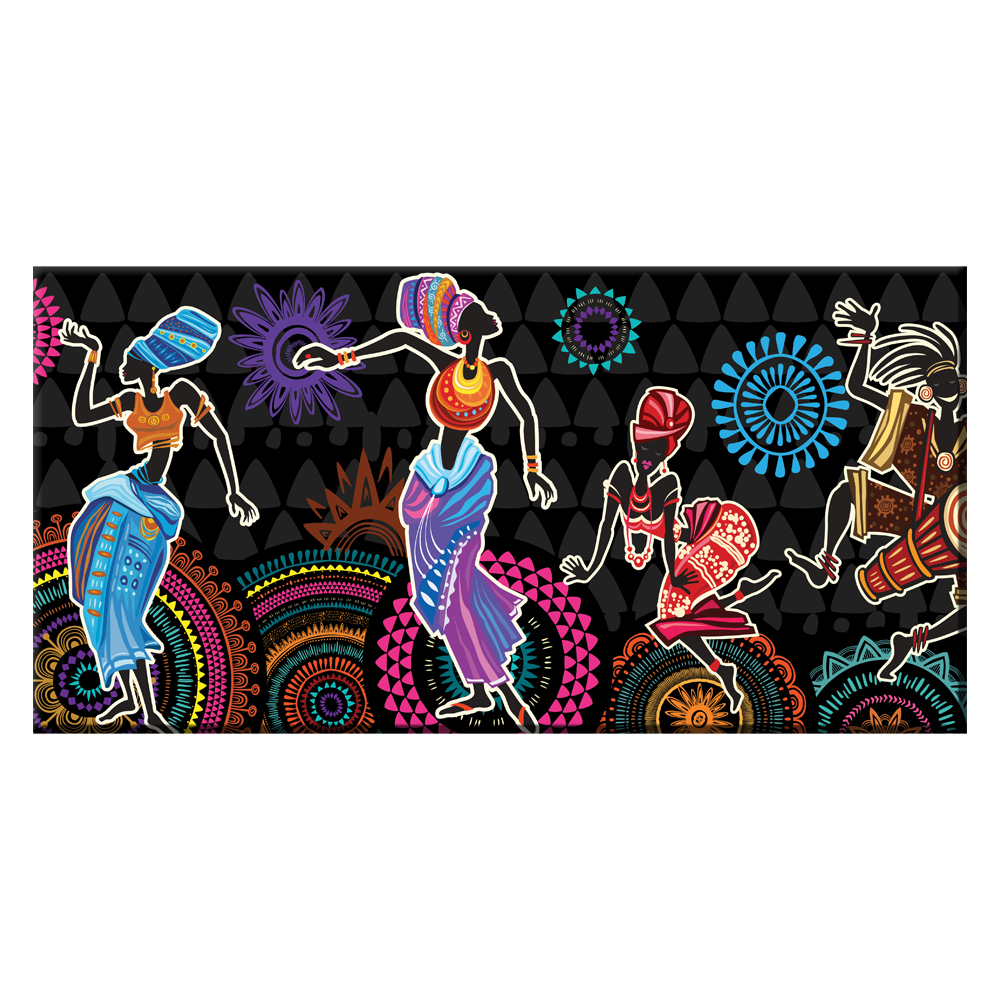 Tableau représentant des femmes africaines dansants sur un fond aux motifs africains