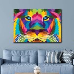 Tableau lion pop art multicolore. Bonne qualité, original, accrochée sur un mur au dessus d'un canapé dans un salon