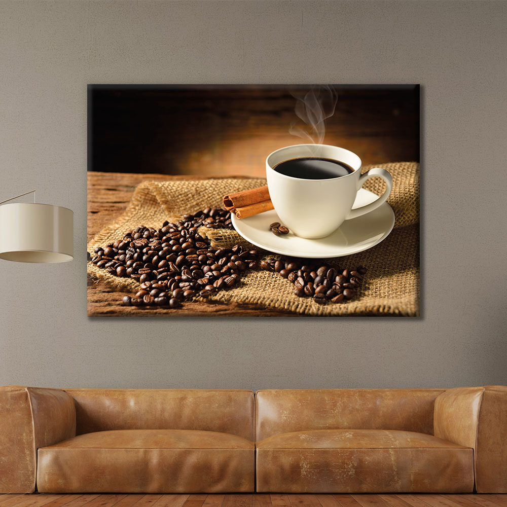 Tableau pause café grains de café sur toile de jute • Tabloide