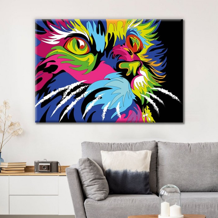 Tableau portrait chat multicolore Tableau Animaux Tableau Chat Tableau Pop Art format: Horizontal