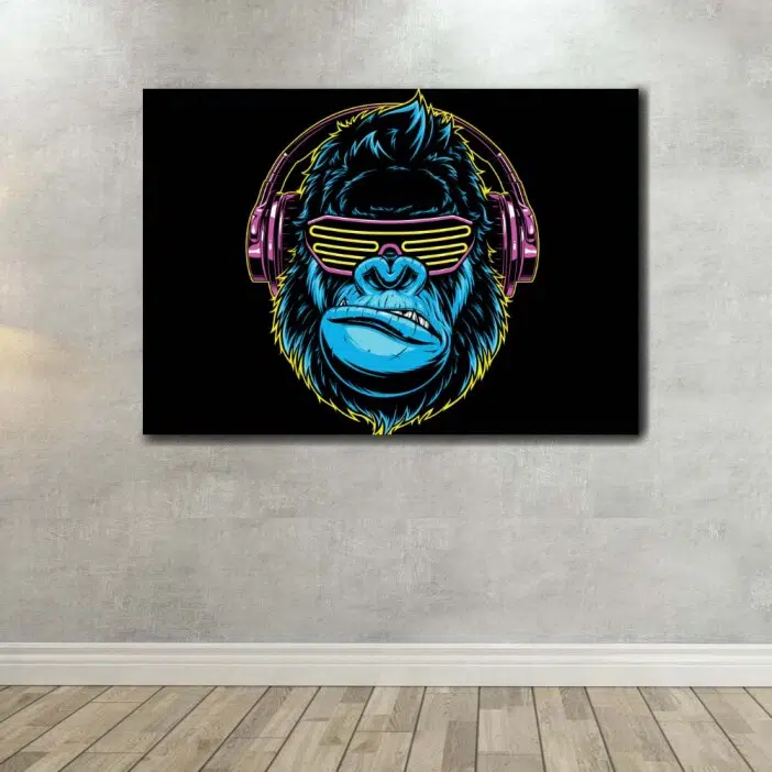 Tableau singe pop art qui écoute de la musique. Bonne qualité, original, accrochée sur un mur dans un salon