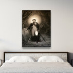 Tableau Napoleon qui sort de la tombe. Bonne qualité, original, accrochée sur un mur au dessus d'un lit dans une maison