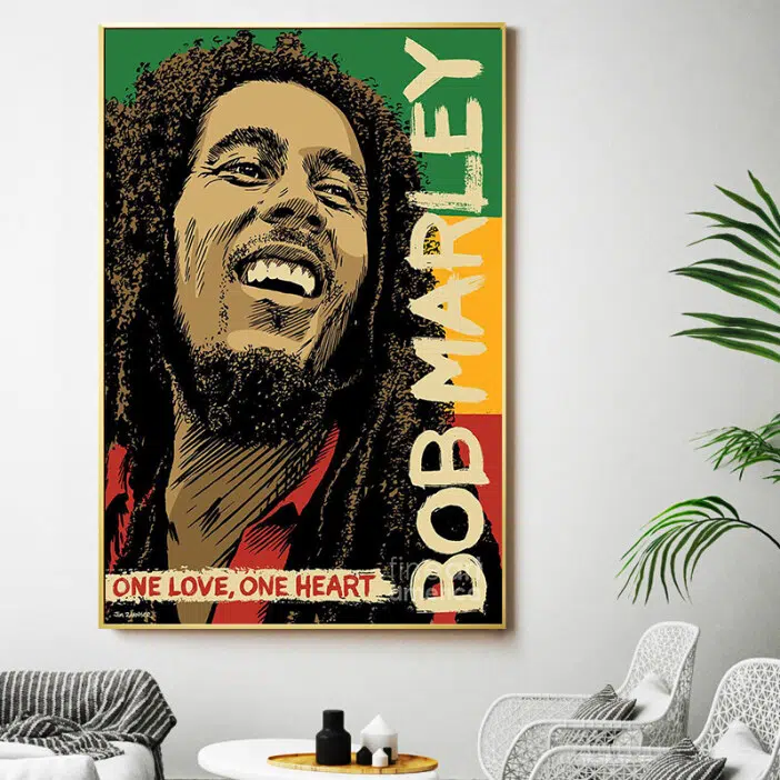 Tableau Bob Marley one love one heart. Bonne qualité, original, accrochée sur un mur au dessus d'un canapé dans un salon