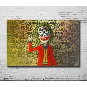 Tableau Joker avec pistolet. Bonne qualité, original, accrochée sur un mur dans un salon