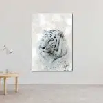 Tableau d'une Peinture d'un tigre blanc. Bonne qualité, original, accroché sur un mur dans une maison