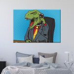 Tableau T-Rex business man pop art. Bonne qualité, original, accroché sur le mur au-dessus d'un lit dans une maison