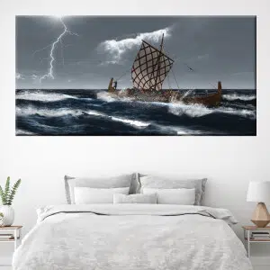 Tableau Vikings dans une tempête en mer. Bonne qualité, original, accrochée sur un mur au-dessus d'un lit dans une maison