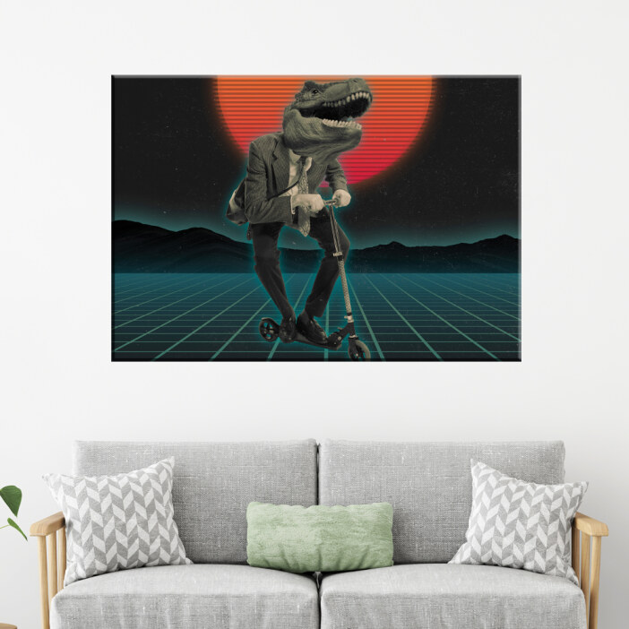 Tableau collage art contemporain dinosaure. Bonne qualité, original, accrochée sur un mur accroché au dessus d'un canapé dans une maison