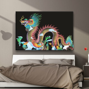Tableau Oriental dragon chinois. Bonne qualité, original, accrochée sur un mur au dessus d'un lit dans une maison