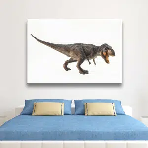Tableau dinosaure carnivore. Bonne qualité, original, accrochée sur un mur au dessus d'un lit dans une maison