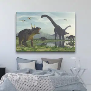 Tableau dinosaure dans la vie quotidienne. Bonne qualité, original, accrochée sur un mur au dessus d'un lit dans un maison
