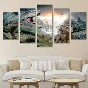 Tableau dinosaure l'univers jurassique. Bonne qualité, original, accrochée sur un mur au dessus d'un canapé dans un salon