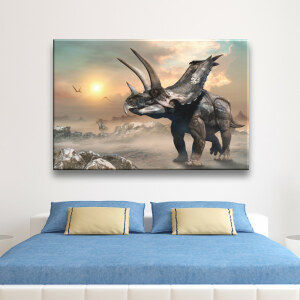 Tableau dinosaure styracosaurus. Bonne qualité, original, accrochée sur un mur au dessus d'un lit dans une maison
