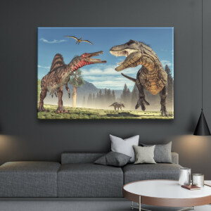 Tableau dinosaure t-rex avec spinosaurus. Bonne qualité, original, accrochée sur un mur au dessus d'un canapé dans un salon