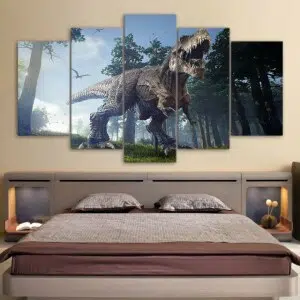 Tableau dinosaure t-rex dans la forêt. Bonne qualité, original, accrochée sur un mur au dessus d'un lit dans une maison