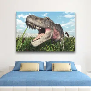 Tableau dinosaure t-rex effrayant. Bonne qualité, original, accrochée sur un mur au dessus d'un lit dans une maison