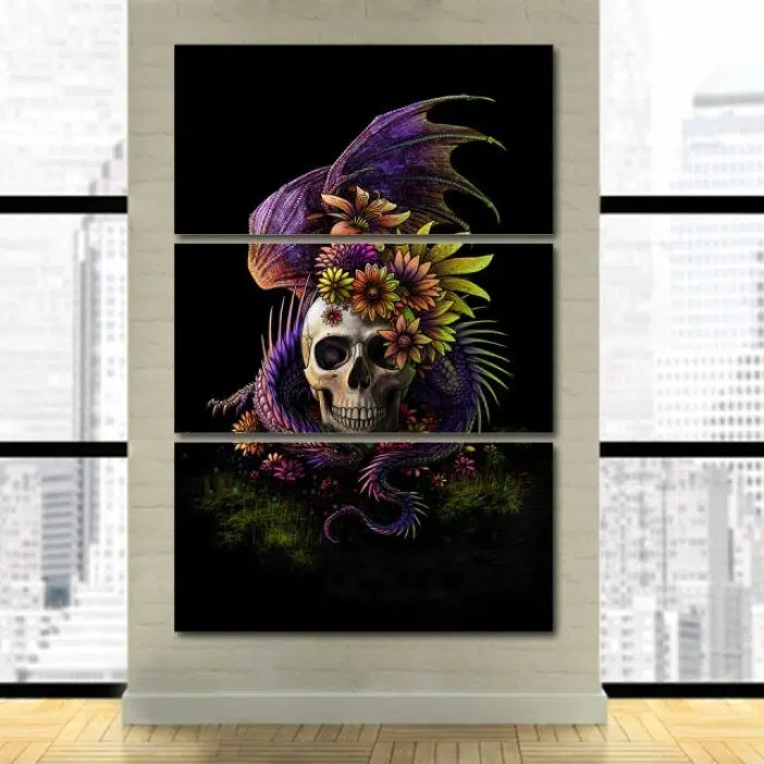 Tableau tête de mort avec dragon violet