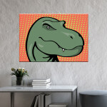 Tableau T-Rex cartoon pop art. Bonne qualité, original, accrochée sur un mur au dessus d'une table dans un salon