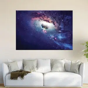 Tableau Univers étoiles et galaxies. Bonne qualité, original, accrochée sur un mur au dessus d'un canapé dans un salon