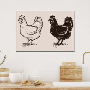 Tableau dessin de poules. Bonne qualité, original, accrochée sur un mur au dessus d'une table dans un salon