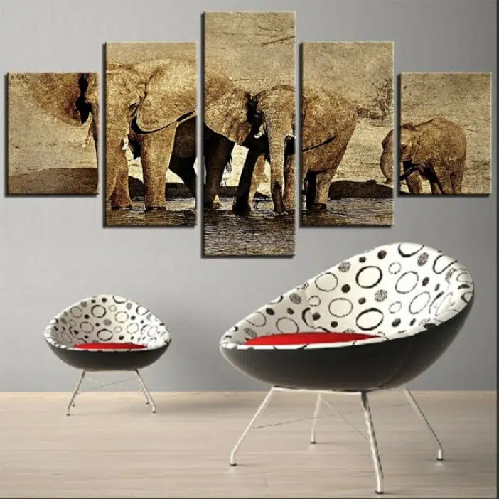 Tableau africain famille d'éléphants à boire de l'eau
