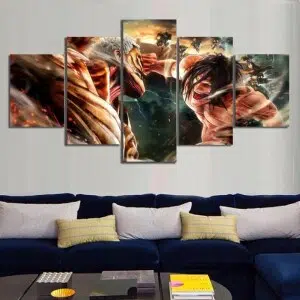 Tableau attaque des titans Levi Ackerman et Mikasa. Bonne qualité, original, accrochée sur un mur au dessus d'un canapé dans une maison,