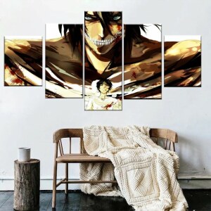 Tableau attaque des titans évolution Titan Assaillant. Bonne qualité, original, accrochée sur le mur au dessus d'un canapé dans une maison