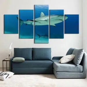 Tableau requin attentif. Bonne qualité, original, accrochée sur un mur au dessus d'un canapé dans un salon