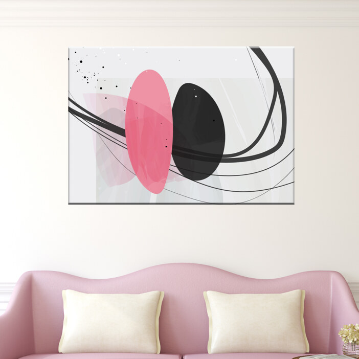 Tableau scandinave rose et noir. Bonne qualité, original, accrochée sur un mur au dessus d'un canapé dans un salon