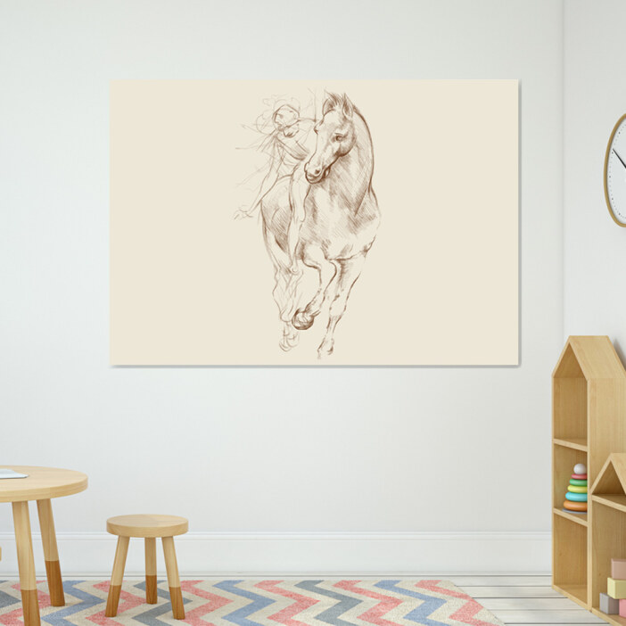 Tableau Cheval et Cavalier. Bonne qualité, original, accrochée sur un mur dans un salon
