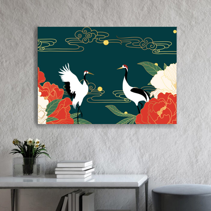 Tableau Oriental Chinois avec cigognes et fleurs