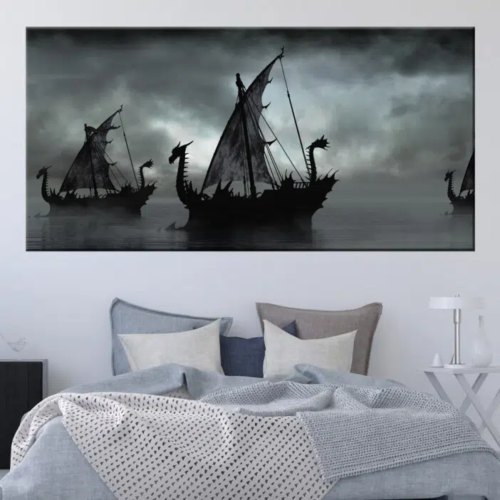 Tableau bateaux vikings et lac brumeux
