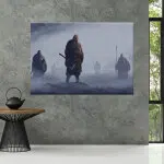 Tableau vikings debout dans le brouillard. Bonne qualité, original, accrochée sur un mur dans un salon