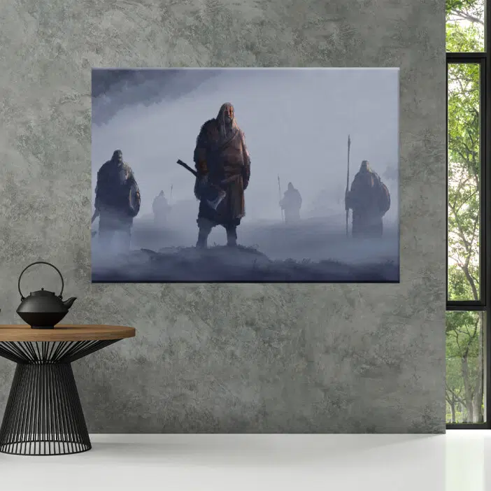 Tableau vikings debout dans le brouillard