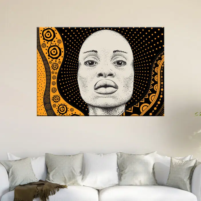 Tableau africaine sur fond tribal. Bonne qualité, original, accrochée sur un mur au dessus d'un canapé dans une maison