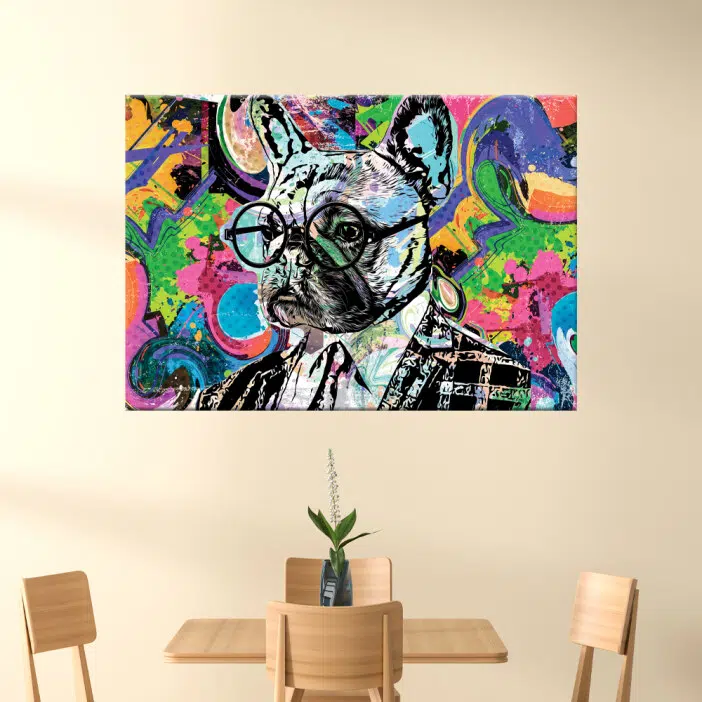Tableau street art chien savant. Bonne qualité, original, accrochée sur un mur au dessus d'une table dans une maison