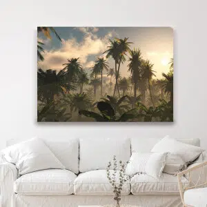 Tableau Jungle avec palmiers et plantes exotiques. Bonne qualité, original, accrochée sur un mur au-dessus d'un canapé dans une maison