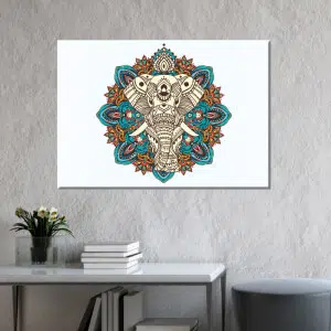 Tableau mandala éléphant. Bonne qualité, original, accrochée sur un mur au dessus d'une table dans une maison