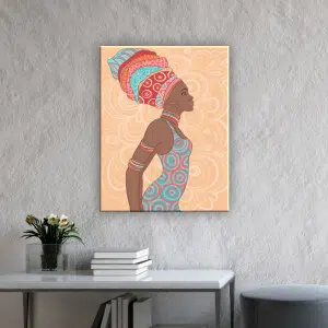 Tableau africain belle femme. Bonne qualité, original, accrochée sur un mur au dessus d'une table dans une maison