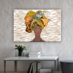 Tableau africain femme avec motifs zèbres. Bonne qualité, original, accrohée sur un mur au dessus d'une table dans une maison