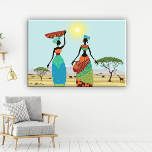 Tableau africain femmes dans la savane sous le soleil. Bonne qualité, original, accrochée sur un mur au-dessus d'une chaise dans une maison