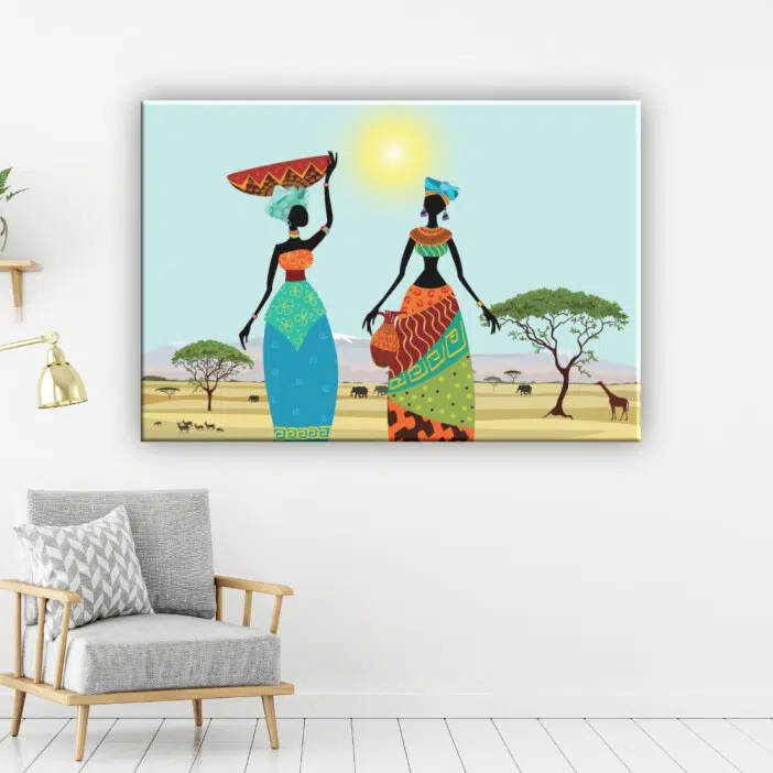 Tableau africain femmes dans la savane sous le soleil