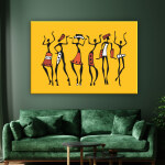 Tableau africain femmes dansant. Bonne qualité, original, accrochée sur un mur au dessus d'un canapé dans une maison
